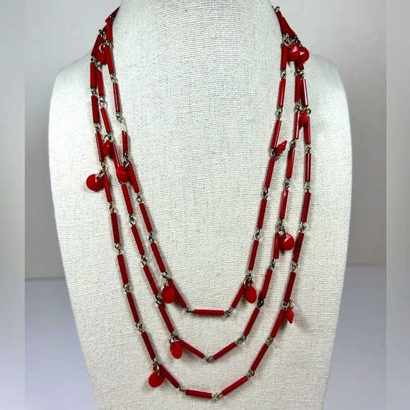 Vintage Opera Length Necklace Red Glass Bugle Beads Lucite Dangles MCM Mod Retro - Picture 1 of 8